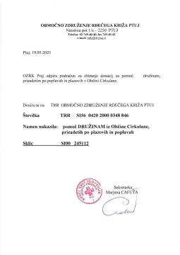 OBVESTILO - PODRAČUN ZA ZBIRANJE DONACIJ ZA POMOČ DRUŽINAM, PRIZADETIM PO POPLAVAH IN PLAZOVIH V OBČINI CIRKULANE